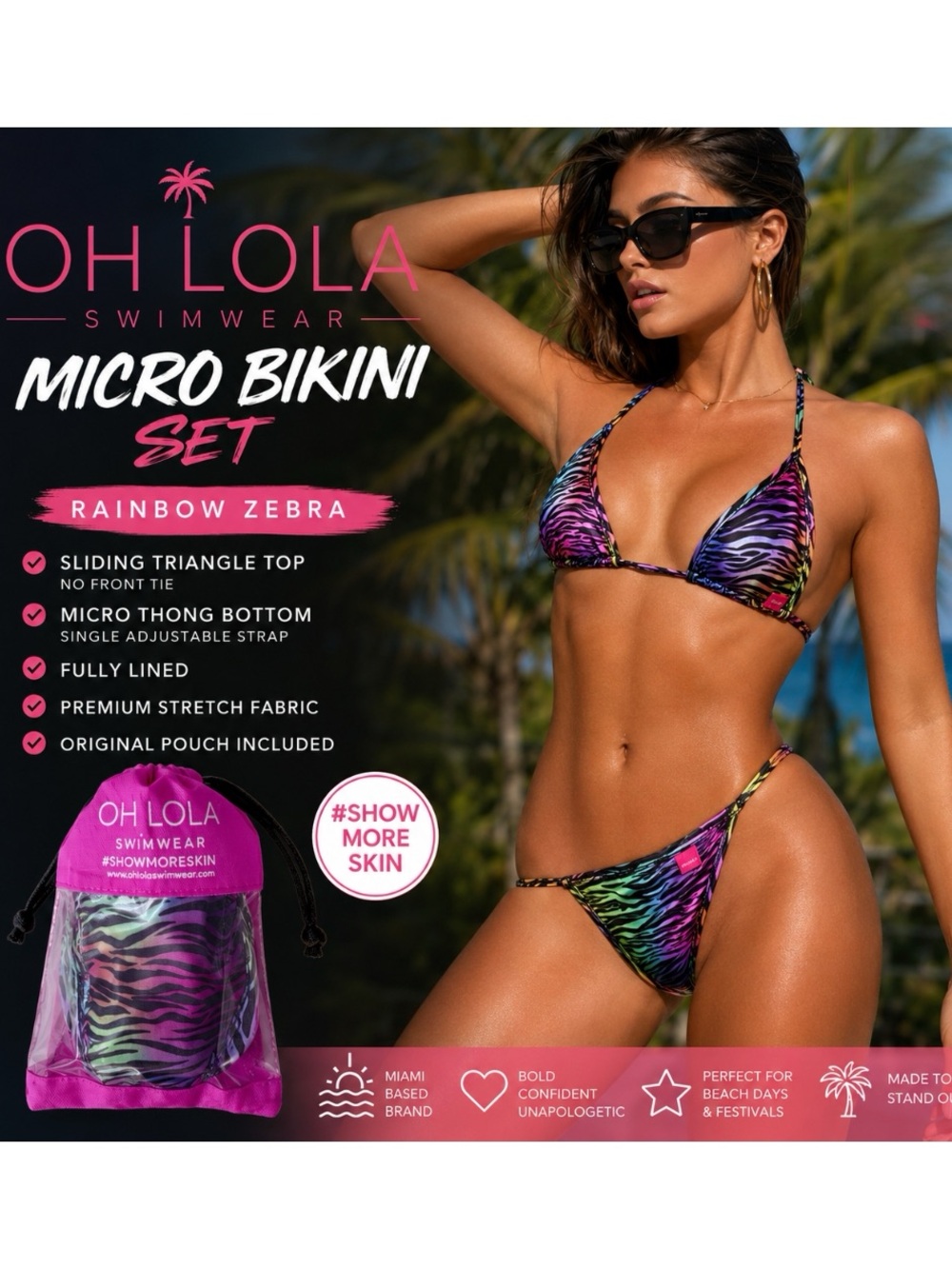 Oh Lola Swimwear Vibrant Rainbow Zebra Micro Bikini Set w/Pouch, Size S